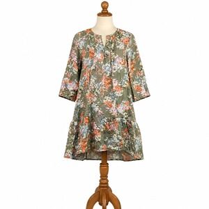 J. Jill Love Linen Floral Tiered Tunic Dress Green Coral Petite S 100% Linen